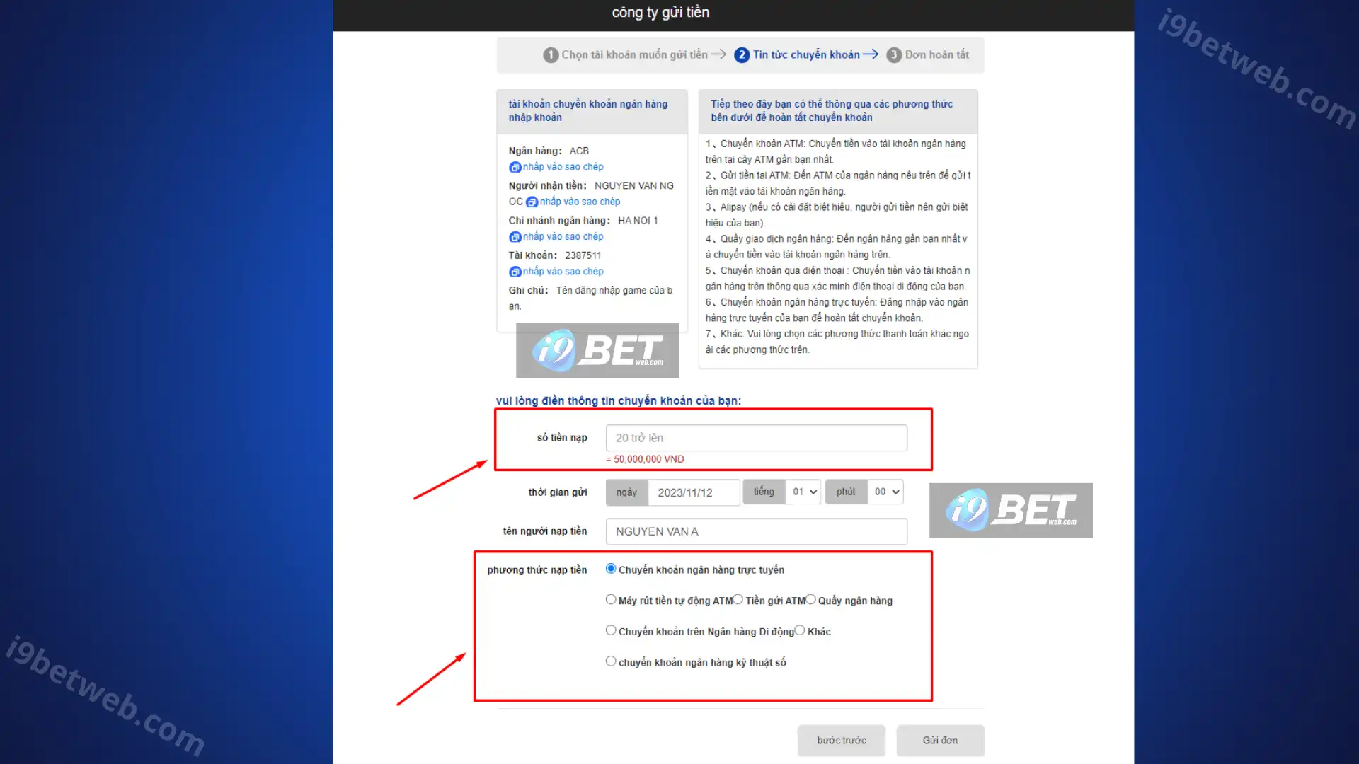 Bước 2 Phương thức nạp tiền i9BET thông qua công ty gửi tiền