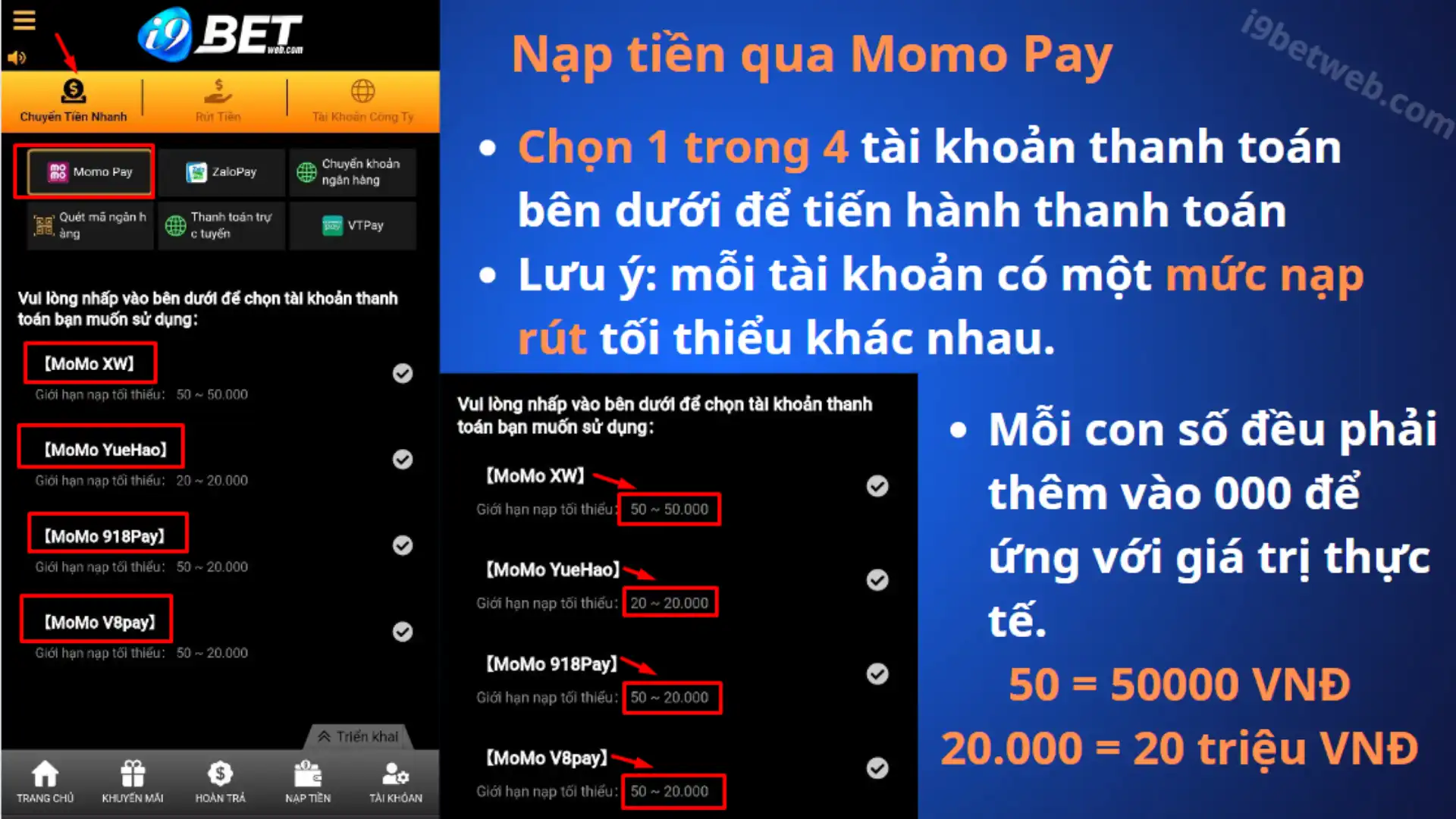 Hướng dẫn cách nạp tiền i9BET qua Momo Pay